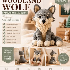 Può includere: Uno schema digitale all'uncinetto per un giocattolo amigurumi a forma di lupo del bosco. Il documento riporta il testo Woodland Wolf Amigurumi Pattern, include sette pagine di istruzioni, un tutorial fotografico e una guida passo dopo passo.