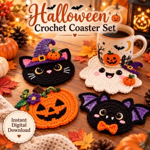Puede incluir: Un juego de cuatro posavasos de ganchillo de Halloween que incluye un gato negro con sombrero de bruja morado, un fantasma blanco con calabaza, una calabaza naranja con enredaderas verdes y un murciélago negro con pajarita naranja.