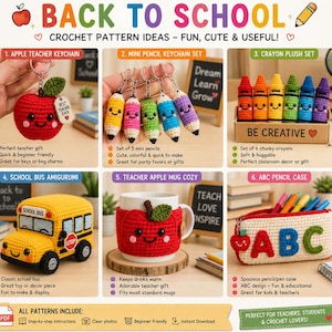 Puede incluir: Una colección de seis patrones de ganchillo titulada Back to School que incluye un llavero de manzana, cinco mini llaveros de lápiz, seis peluches de crayón, un autobús escolar amigurumi, una funda para taza de manzana y un estuche ABC.