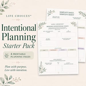 Op de afbeelding: Een set van vier printbare planningspagina's getiteld Life Choices Intentional Planning Starter Pack. De witte vellen bevatten donkergroene tekst, botanische bladillustraties en secties voor maandelijkse doelen en weekplanning.