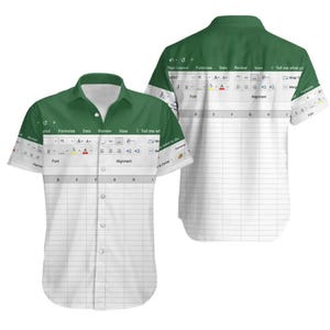 Pode incluir: Uma camisa de manga curta com botões, apresentando uma seção superior verde e uma estampa branca de interface de planilha na parte inferior. O design inclui barras de menu visíveis, ícones de ferramentas e linhas de grade.