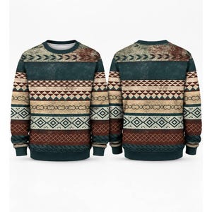 May include: A long-sleeved crewneck sweatshirt featuring a repeating horizontal pattern of geometric shapes, including diamonds, triangles, and chevrons in shades of dark teal, rust red, and beige with a distressed, weathered texture throughout.