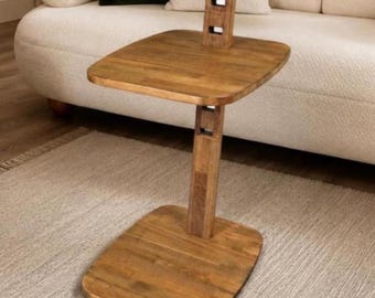 Height Adjustable Beech Wood Side Table, Solid Wooden Laptop Desk