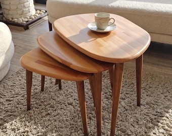 Abstract Solid Wood Coffee Table Set, Minimalist Asymmetrical Nesting Tables