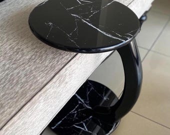 Black Marble C Shape Side Table, Luxury Rolling Laptop Desk For Sofa