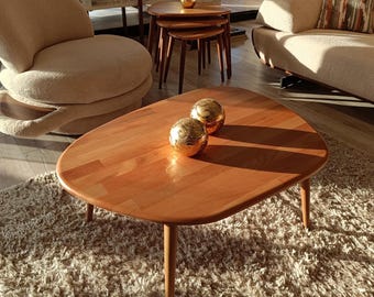 Curved Solid Wood Coffee Table, Warm Minimalist Organic Nesting Set