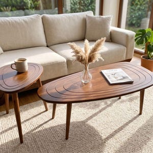 Juego de mesa de centro Japandi de madera maciza, muebles auxiliares ovalados apilables con grabados.