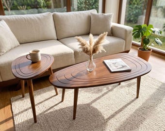 Japandi Solid Wood Coffee Table Set, Engraved Oval Nesting Accent Furniture
