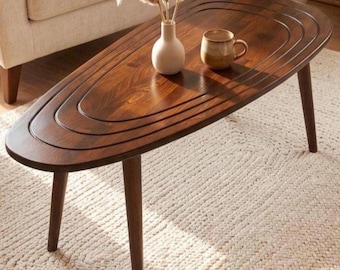 Oval Mid Century Modern Solid Wood Coffee Table and End Set, Nesting Japandi Farmhouse