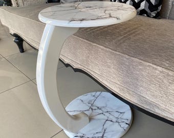White Marble C Shape Side Table, Modern Rolling Laptop Desk