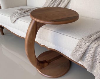 Walnut C Shape Side Table, Solid Wood Leg Rolling Laptop Desk