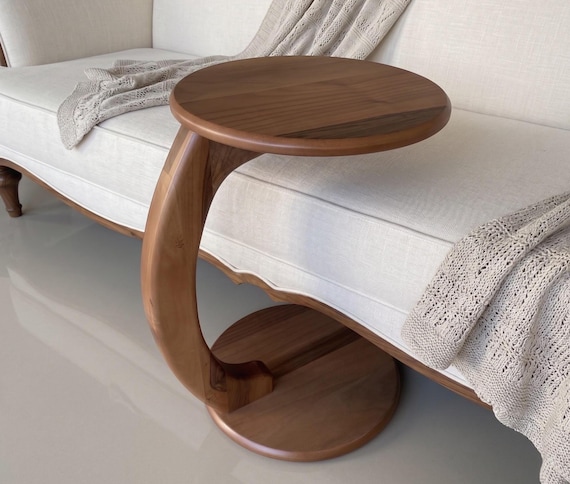Walnut C Shape Side Table, Solid Wood Leg Rolling Laptop Desk