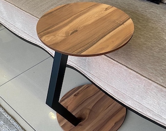 Light Walnut C Shape Side Table, Modern Wooden Laptop Desk