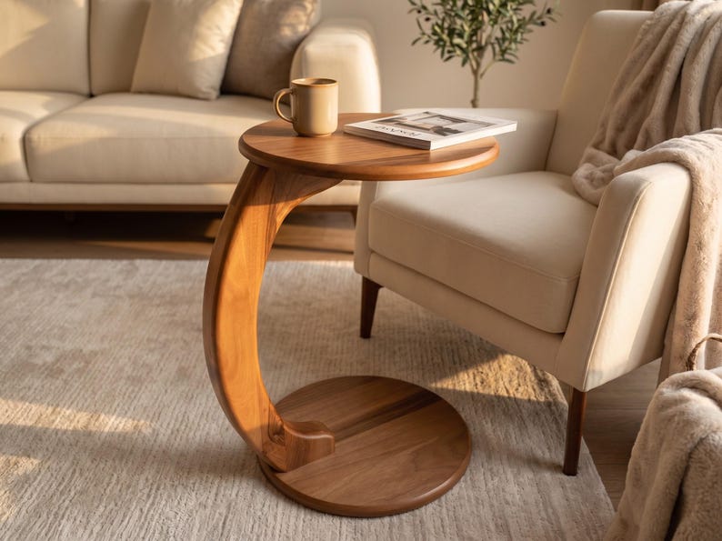 May include: A C-shaped side table crafted from warm-toned wood, featuring a circular base and a matching circular tabletop. The table has a smooth, polished finish that highlights the natural grain of the wood, providing a stable surface.