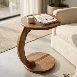 May include: A C-shaped side table crafted from brown wood with a circular top and a matching circular base. The table features a curved support column connecting the top and base. A white ceramic mug and a book are placed on the tabletop.