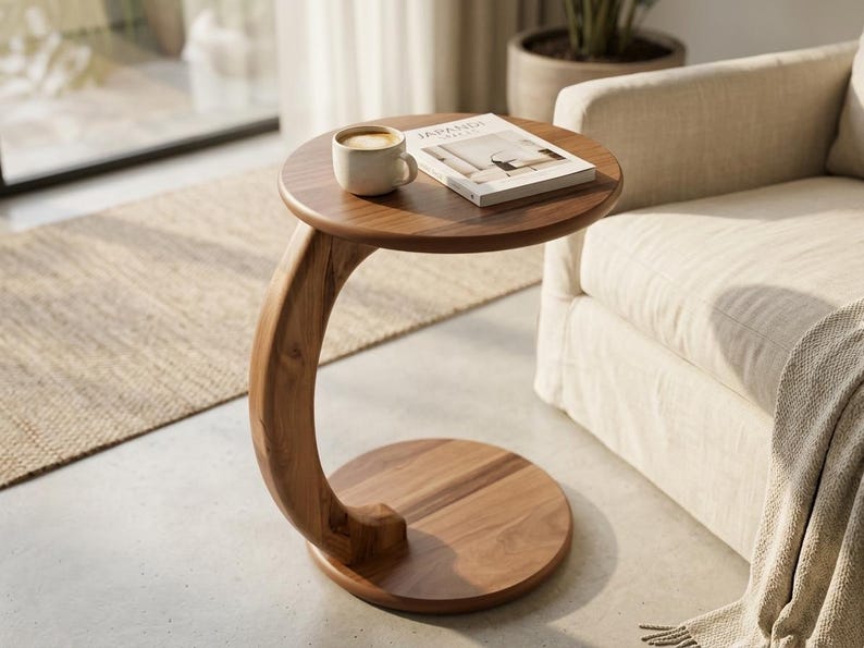 May include: A C-shaped side table crafted from brown wood with a circular top and a matching circular base. The table features a curved support column connecting the top and base. A white ceramic mug and a book are placed on the tabletop.