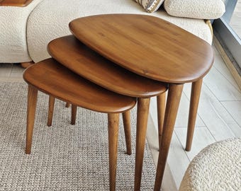 Asymmetrical Solid Wood Coffee Table Set, Mid Century Modern Nesting Tables