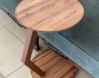 Laser Engraved Mandala C Shape Side Table, Wooden Accent Laptop Desk