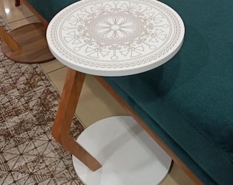 White Mandala C Shape Side Table, Modern Wooden Laptop Desk