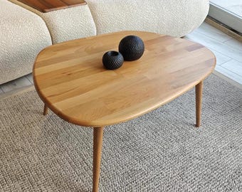 Natural Beech Wood Asymmetrical Coffee Table, Light Japandi Nesting Set