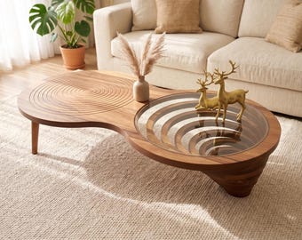 Organic Shape Coffee Table, Sculptural Spiral Base, Japandi Center Table