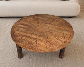 Solid Beech Wood Round Coffee Table, Geometric Engraved Boho Decor