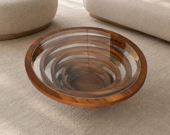 Oval Wood Coffee Table with Glass Top, Ellipse Center Table, Concentric Ring Base