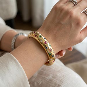 Natural Diamond Ruby Emerald Sapphire Star Bangle | Solid 18K Yellow Gold Vintage Bracelet