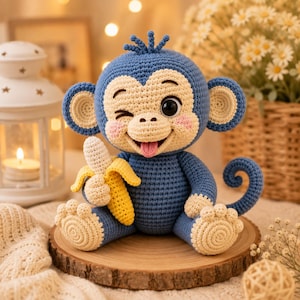 May include: A blue and cream crocheted monkey toy with a winking expression, pink cheeks, and a small tongue sticking out. The monkey is holding a yellow crocheted banana in its hand and has a curled tail, sitting on a round wooden base.