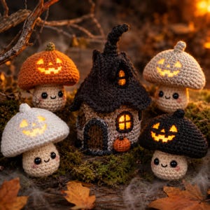 May include: A collection of four crocheted mushroom figures with glowing jack-o'-lantern faces and a central crocheted witch house with a pointed roof, illuminated windows, and a small orange pumpkin at the base, all featuring detailed yarn textures.