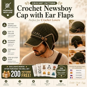 May include: A crochet pattern for a dark olive green newsboy cap with ear flaps, featuring a textured stitch, a brim, and two brown buttons on the side. The digital document includes text, icons, and small images of the finished cap and bonus patterns.