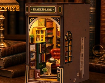 Kit de bricolaje de la librería Shakespeare / Librería miniatura de madera con LED, sujetalibros de puzle 3D