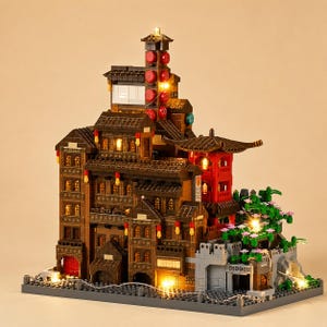 Conjunto de blocos de construção de casa japonesa, modelo de arquitetura tradicional de aldeia, decoração para casa.