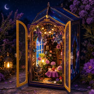 Op de afbeelding: Een miniatuur houten boekenhoek-set met een donkerblauwe structuur met gouden accenten, open deuren en een interieurscène met een tafel, stoelen, een uilenbeeldje en bloemdecoraties verlicht door warme interne LED-lampjes.