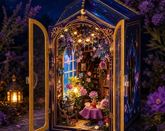 May include: A miniature wooden book nook kit featuring a dark blue structure with gold accents, open doors, and an interior scene with a table, chairs, an owl figurine, and floral decorations illuminated by warm internal LED lights.