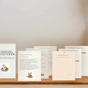 May include: A collection of printed paper documents and a booklet titled The Nestling Company Goods, featuring a bird in a nest illustration. The pages include text such as Welcome to The Nestling Co, Campus Logistics & Contacts, and A Little Reminder.