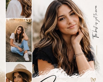 Puede incluir: Una tarjeta de anuncio de graduación con cuatro fotografías de una persona joven de cabello castaño largo. El texto dice CLASS OF 2027, The best is yet to come, Senior, ISABELLA MARTINEZ y WESTVIEW HIGH SCHOOL, con un corazón dorado.