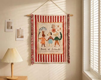 Geweven wandtapijt met beste vriendinnen, speelse dierenwanddecoratie, cottagecore kinderkamerdecoratie, schattige boskunst, boho kinderkamerdecoratie, handgemaakt cadeau