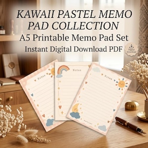 Puede incluir: Un conjunto de tres blocs de notas imprimibles A5 con ilustraciones en tonos pastel de arcoíris, soles, lunas, corazones y nubes. El texto dice: KAWAII PASTEL MEMO PAD COLLECTION, A5 Printable Memo Pad Set, Instant Digital Download PDF.
