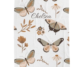 Personalized Butterfly Floral Blanket | Neutral Boho Velveteen Plush Throw | Custom Name Blanket | Cozy Gift for Her | 50x60