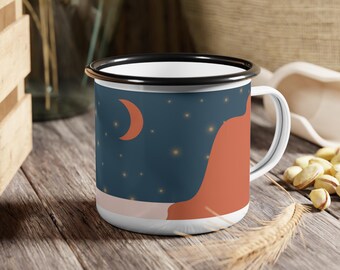 Desert Moon Camp Mug, Enamel Camping Mug, Minimalist Coffee Cup, Boho Adventure Mug, Starry Night Mug, Outdoor Gift for Hikers