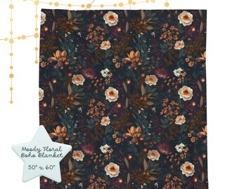 Dark Floral Boho Blanket | Vintage Botanical Velveteen Plush Throw | Cottagecore Flower Blanket | Moody Floral Home Decor | 50x60 Cozy Gift