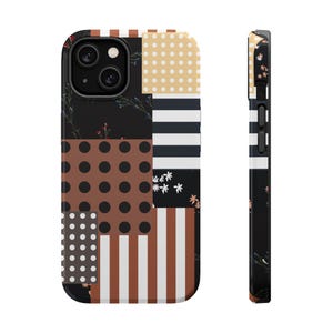 Boho Patchwork Phone Case | Neutral Checkered Floral iPhone Case | MagSafe Tough Protective Case | Samsung Galaxy Cover | Cottagecore Gift