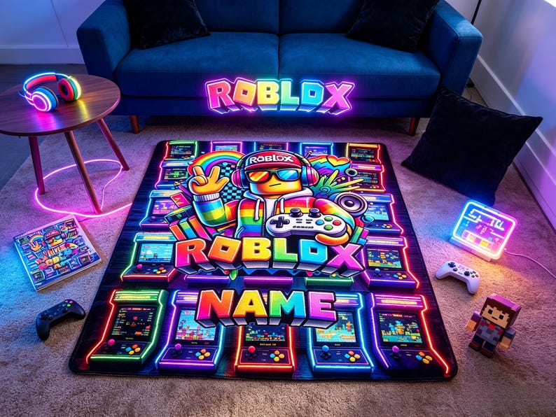 May include: A rectangular area rug featuring a vibrant Roblox-themed graphic with a central character wearing headphones and sunglasses, surrounded by neon-style arcade cabinets, the word Roblox, and a customizable name section in colorful block letters.