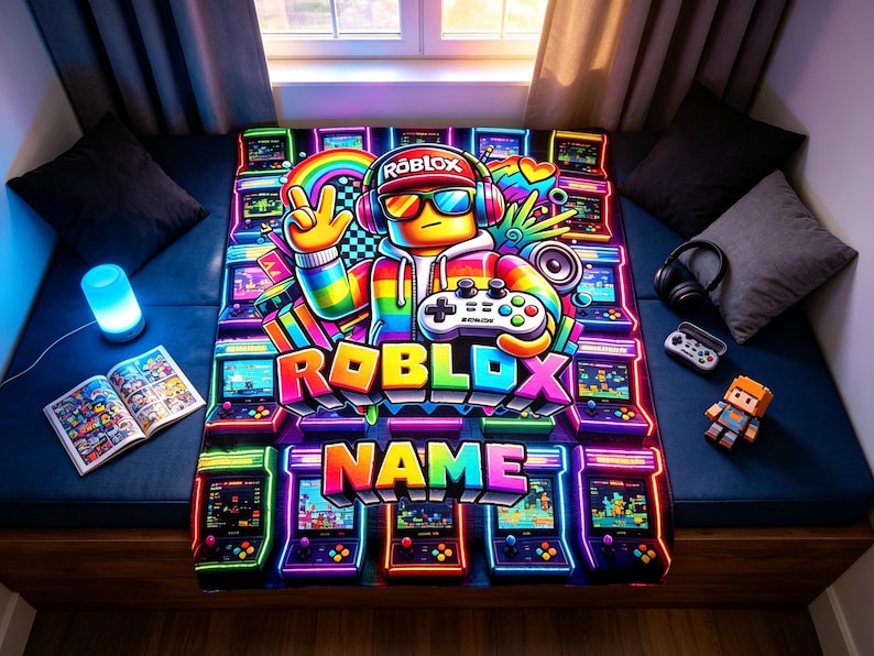 May include: A rectangular blanket featuring a vibrant, neon-colored graphic of a Roblox character wearing headphones and sunglasses, holding a game controller. The design includes multiple arcade game cabinets, a rainbow, and the text Roblox and Name.