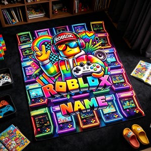 May include: A rectangular area rug featuring a vibrant, neon-colored graphic of a Roblox character wearing headphones and sunglasses, holding a game controller. The design includes multiple arcade cabinets, the word Roblox, and a placeholder for a name.
