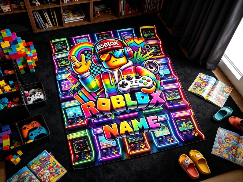 May include: A rectangular area rug featuring a vibrant, neon-colored graphic of a Roblox character wearing headphones and sunglasses, holding a game controller. The design includes multiple arcade cabinets, the word Roblox, and a placeholder for a name.