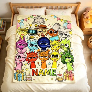 May include: A rectangular fleece blanket featuring a light yellow background with a colorful illustration of various cartoon characters, party decorations, gift boxes, and cakes. The word NAME is printed in large, multi-colored block letters.