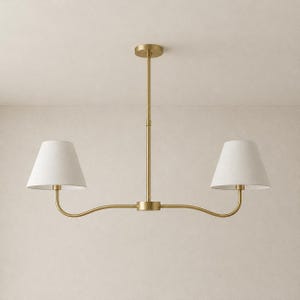 Mid Century Modern Brass Linear Chandelier | Kitchen Island Ceiling Light | Double Fabric Shade Dining Table Fixture | Modern hanging lamp