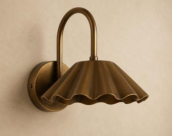 Brass Ruffle Wall Sconce | Scalloped Shade Wall Light | Plug In Wall Sconce | Mid Century Modern Bedside Lamp | Bathroom Vanity Light